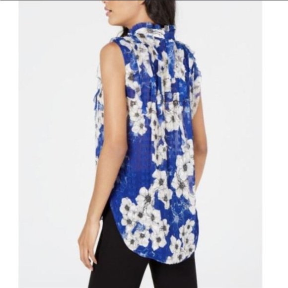 Elie Tahari Trixie Ruffle Blue and White Floral Textured Sleeveless Blouse - Picture 2 of 10